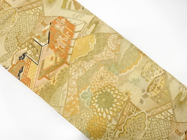 JAPANESE KIMONO / ANTIQUE MARU OBI / WOVEN MANSION & KIKU